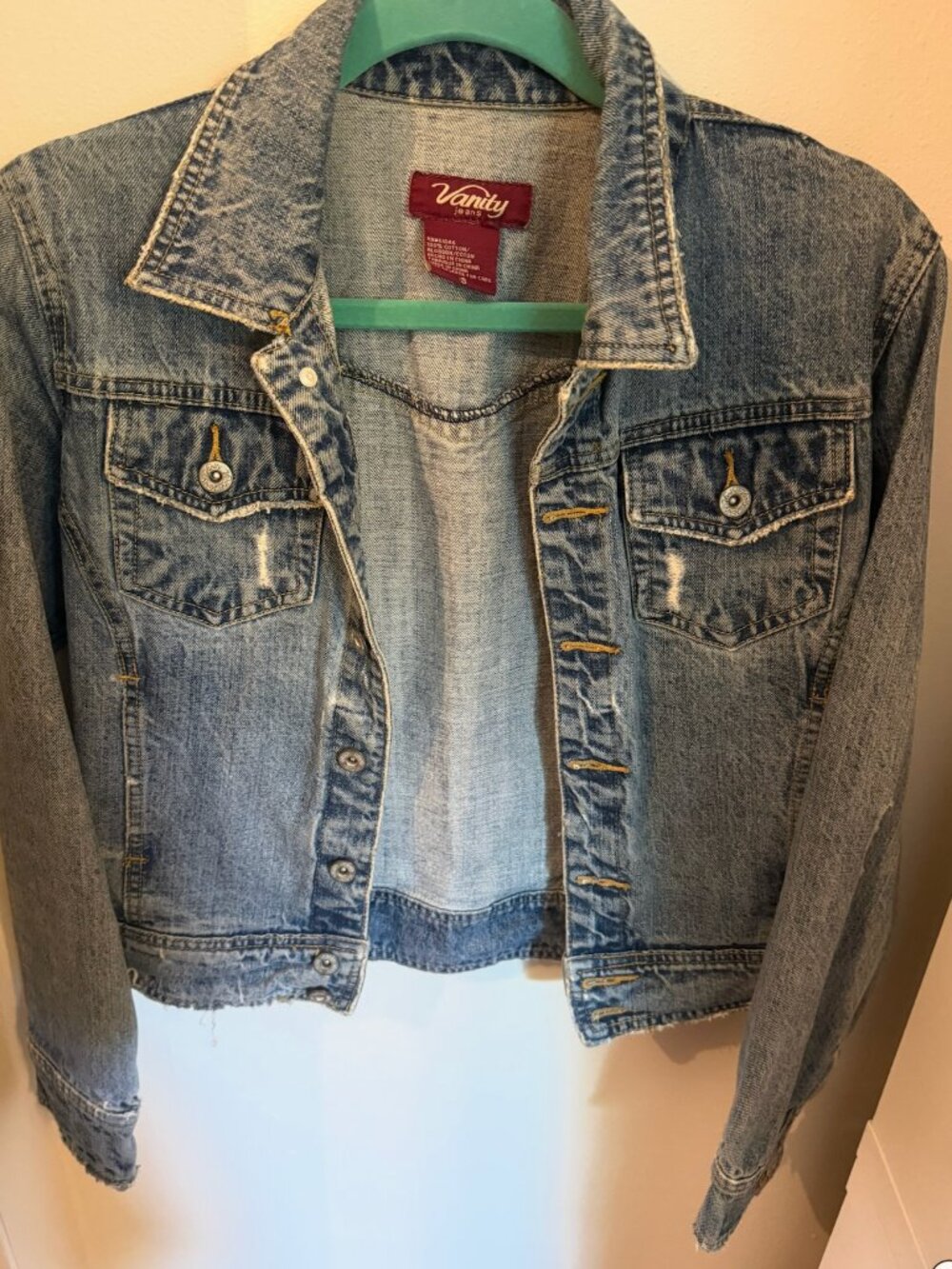 Vanity Jeans Small Distressed Cropped Denim Jacket in Medium Wash